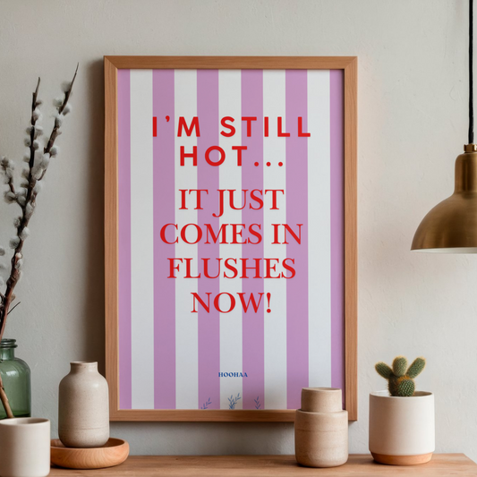 Typografie-Poster mit pink-weißen vertikalen Streifen und dem roten Text "I'm still hot... it just comes in flushes now!". Unten steht klein das Logo "HOOHAA" was an einer Wand hängt. Davor stehen diverse Tonwasen.
