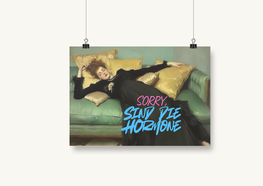  Modernes Kunstposter mit einer liegenden Frau im klassischen Malstil auf grünem Sofa, überlagert mit dem frechen Schriftzug „Sorry, sind die Hormone“ in Pink und Blau. Ideale Wanddeko für Frauen in der Menopause.