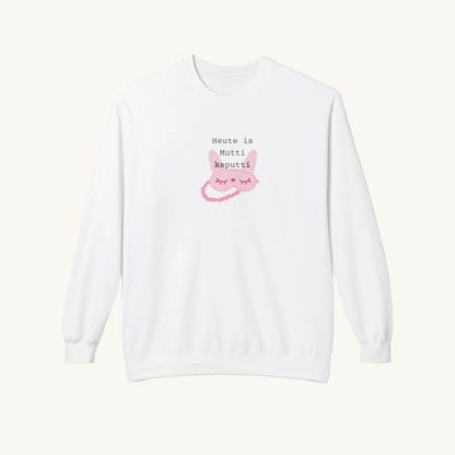 Weißes Damen-Sweatshirt mit Rundhalsausschnitt für Frauen in der Menopause . In der Mitte ist eine geschlossene rosa Schlafmaske mit Augen bild, überstehen Sie in schwarzer Schrift 'Heute ist Mutti kaputti'. 