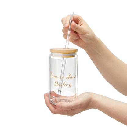 "Time to shine, Darling" Glas-Tumbler mit Bambusdeckel & Glasstrohhalm – 500ml