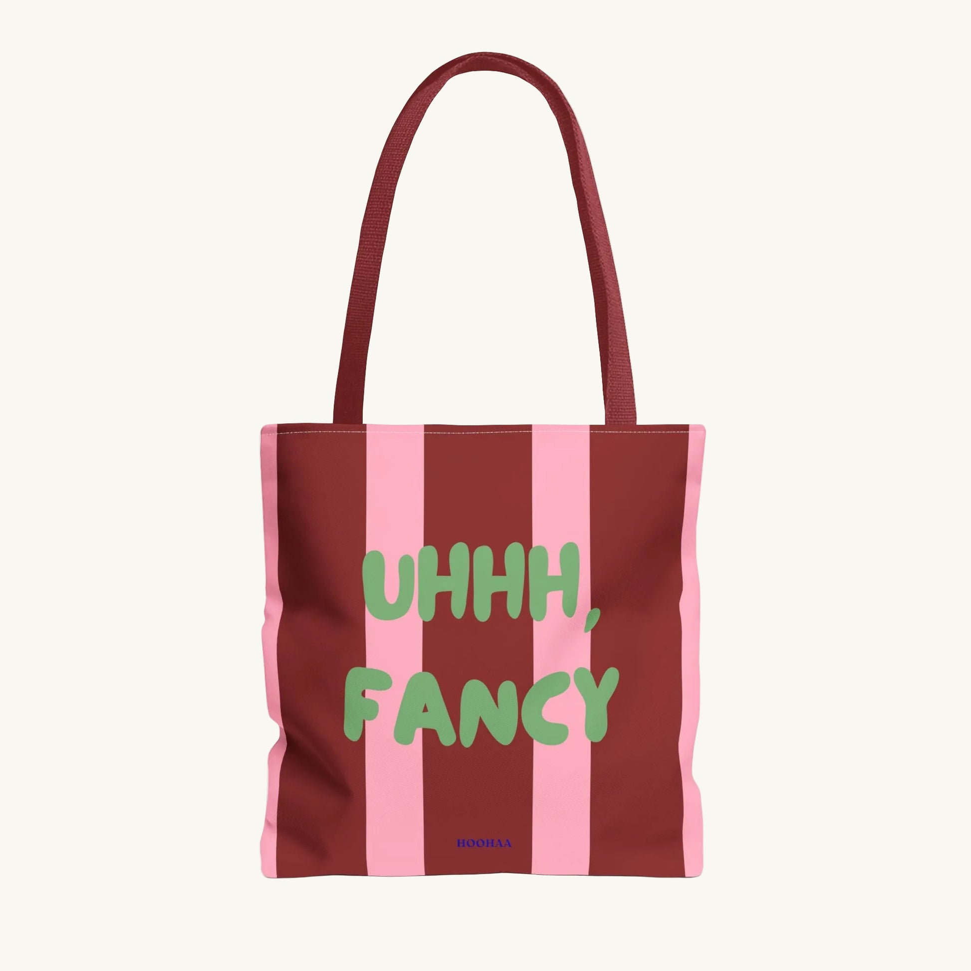 Hochwertige totein Burgund und Rosa mit dem grünen Statement-Aufdruck „Uhhh, Fancy“ von HOOHAA,

