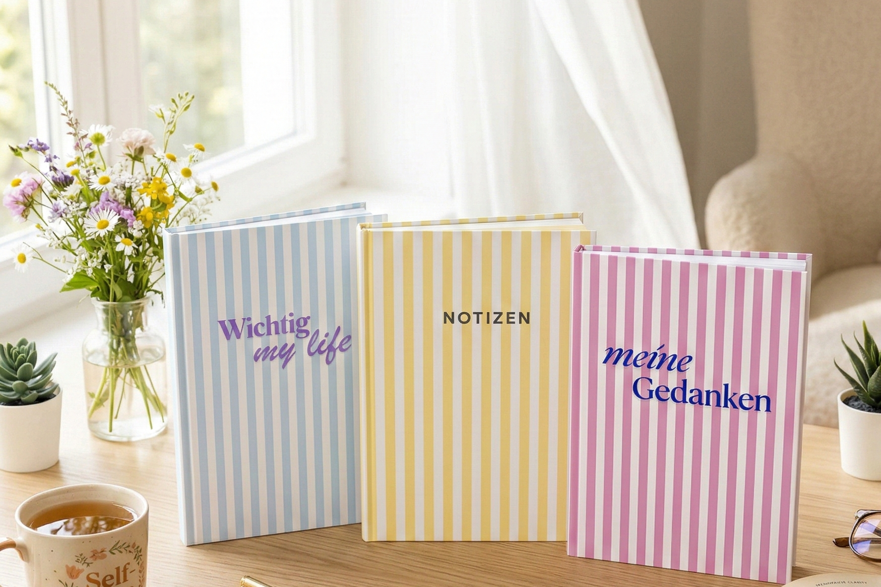 Helles, freundliches Lifestyle-Mockup eines Notizbuch-Sets für die Menopause: Auf einem Echtholztisch vor einem sonnendurchfluteten Fenster stehen drei gestreifte Journals in Blau („Wichtig my life“), Gelb („NOTIZEN“) und Rosa („meine Gedanken“). Ergänzt wird die Szene durch eine Tasse Tee mit der Aufschrift „Self Care“, eine Brille, einen goldenen Stift und eine Vase mit Wildblumen – ein einladendes Setting für mentale Klarheit und Achtsamkeit.