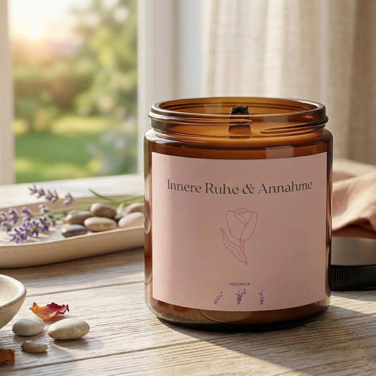 Duftkerze im braunen Apothekerglas mit brennender Flamme. Das Etikett zeigt das Design 'Innere Ruhe & Annahme' in hellem Rosa mit einer Tulpen-Illustration. Das Glas steht vor einem Fenster auf einem Tisch.
