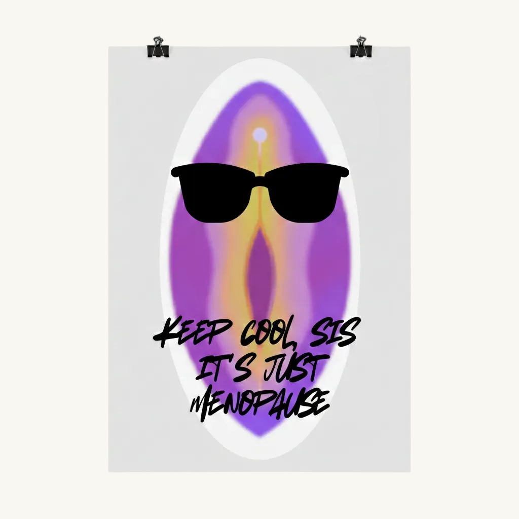 Modernes Grafik-Poster auf weißem Hintergrund mit mit abstrakten, lila-gelben Form (Symbolik der Vulva), die eine schwarze Sonnenbrille trägt. Darunter steht in schwarzer Schreibschrift der Text: „KEEP COOL, SIS IT'S JUST MENOPAUSE“. Hochformat, Glanz Finish.