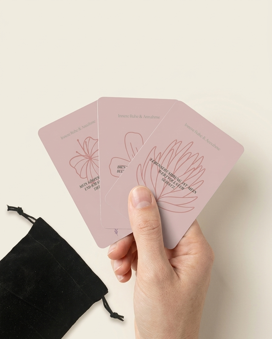Drei rosafarbene Affirmationskarten zum Thema Innere Ruhe und Annahme für die Menopause, einer Hauthand vor hellem Hintergrund, inklusive floraler Illustrationen. Danben liegt ein schwarzes Samtsäckchen.