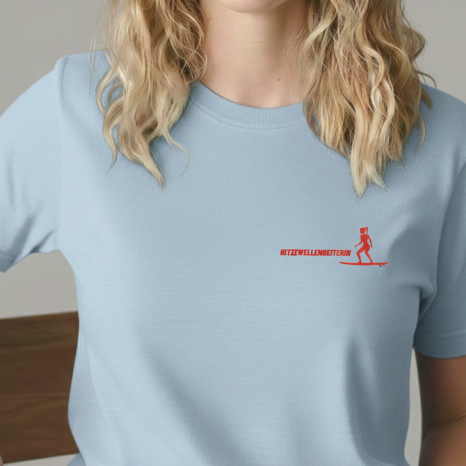 "Hitzewellenreiterin" Damen T-Shirt – Lässiges Shirt mit Surf-Motiv für Frauen in der Menopause