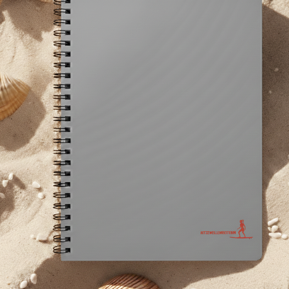 Graues A5 Spiralnotizbuch mit minimalistischem Design für Frauen in der Menopause. Der Einband zeigt einen dezenten Titel in moderner Schrift auf anthrazitfarbenem Hintergrund. Hochwertiges Journal für Achtsamkeit und Wohlbefinden was im Sand von Muschen umgeben liegt.