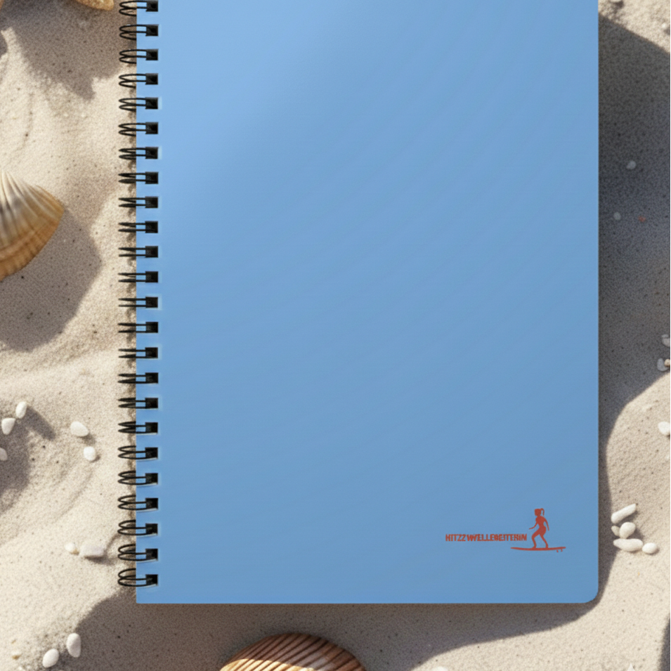 Hellblaues A5 Spiralnotizbuch mit minimalistischem Design für Frauen in der Menopause. Der Einband zeigt einen dezenten Titel in moderner Schrift auf anthrazitfarbenem Hintergrund. Hochwertiges Journal für Achtsamkeit und Wohlbefinden, was im Sand von Muschel umgeben liegt.
