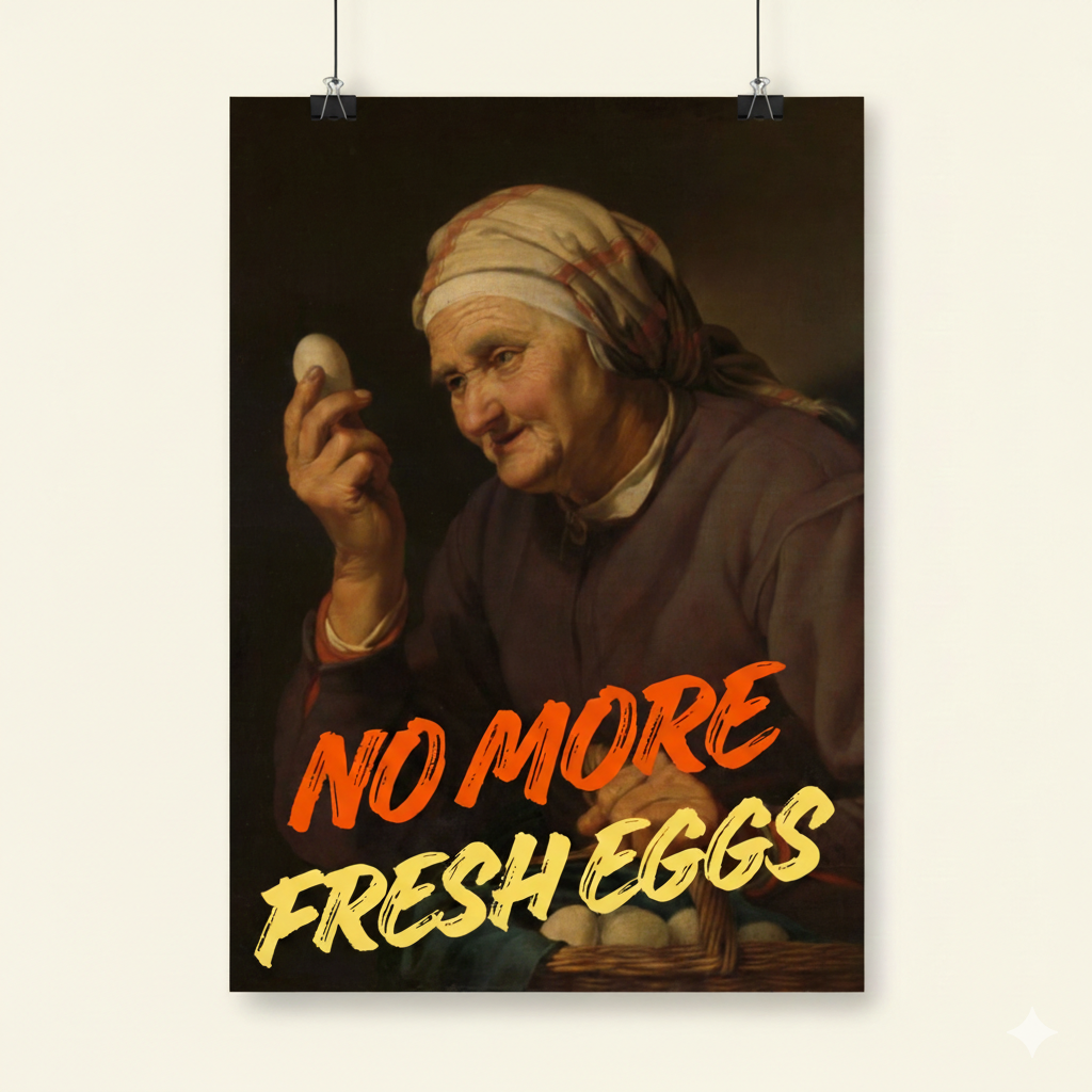 Lustiges Menopause Poster im Vintage-Stil des Ölgemäldes mit einer älteren Frau, die ein Ei betrachtet, durch den ein modernen Text 'No More Fresh Eggs' in Orange und Gelb geht.