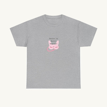 Meliertes graues Damen T-Shirt mit einem mittigen Brustprint. Das Motiv zeigt den Text 'Heute is Mutti kaputti' in Schreibmaschinenschrift über einer illustrierten rosa Schlafmaske mit geschlossenen Augen.