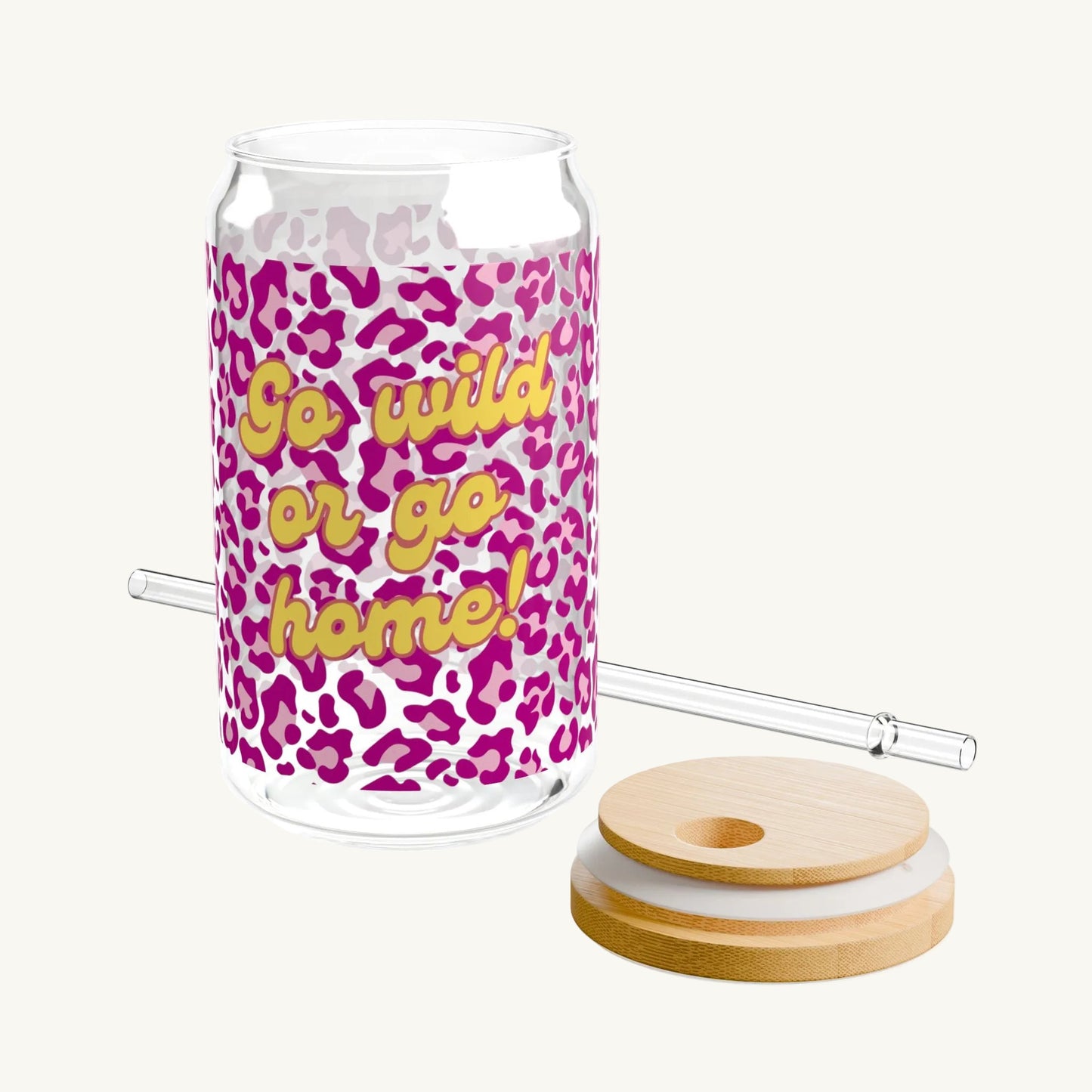 "Go Wild or Go Home" Glas-Tumblr mit Bambusdeckel & Strohhalm – 500ml