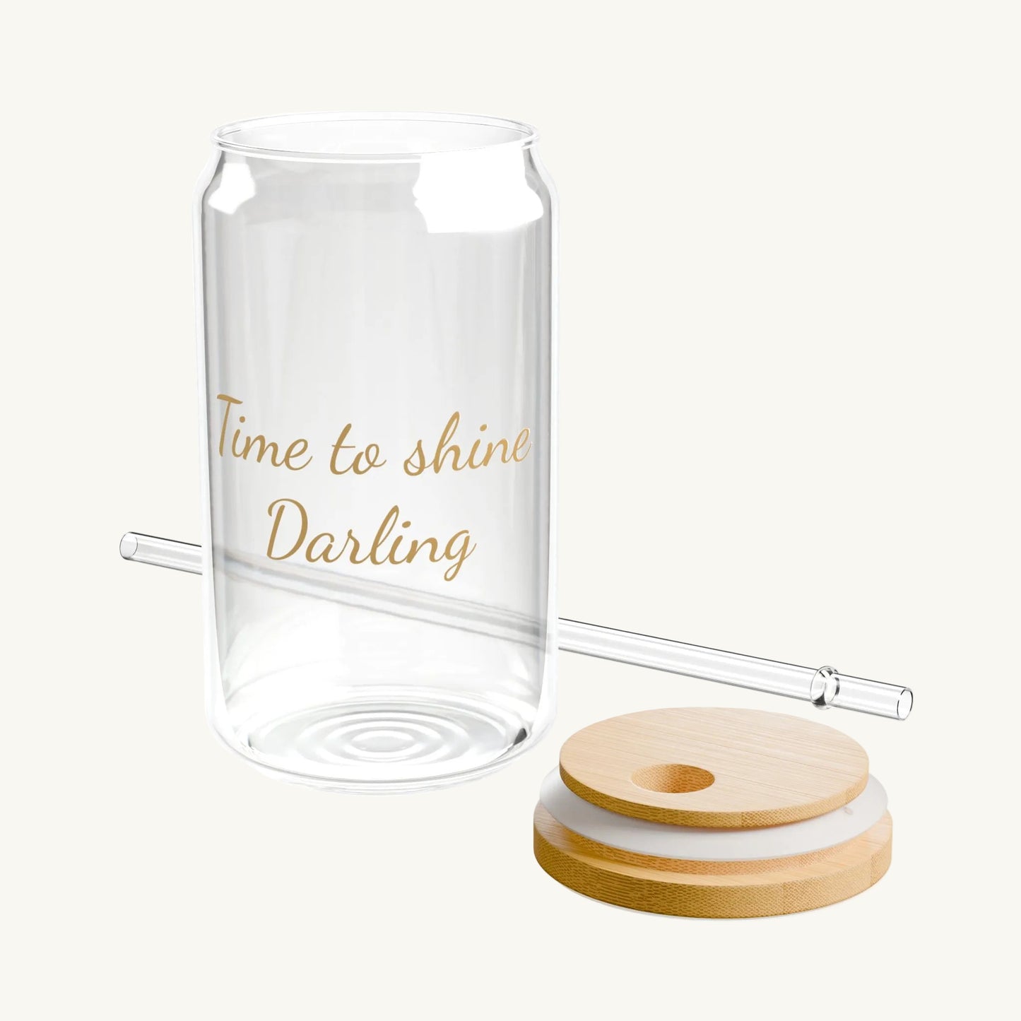 "Time to shine, Darling" Glas-Tumbler mit Bambusdeckel & Glasstrohhalm – 500ml