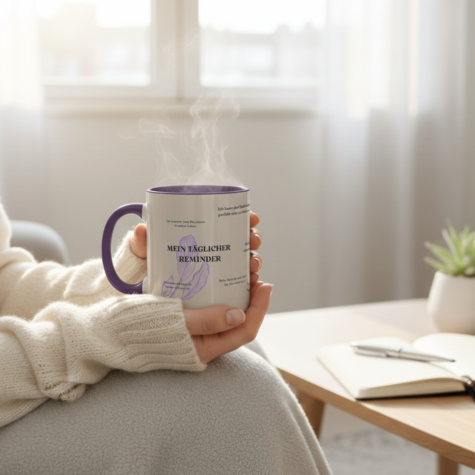  Weiß-lila Keramiktasse mit der Aufschrift "Mein Täglicher Reminder" und deutschen Achtsamkeits-Affirmationen, verziert mit einer lilafarbenen Blätter-Illustration und 10 Sprüchen die von einer sitzenden Frau gehalten wird