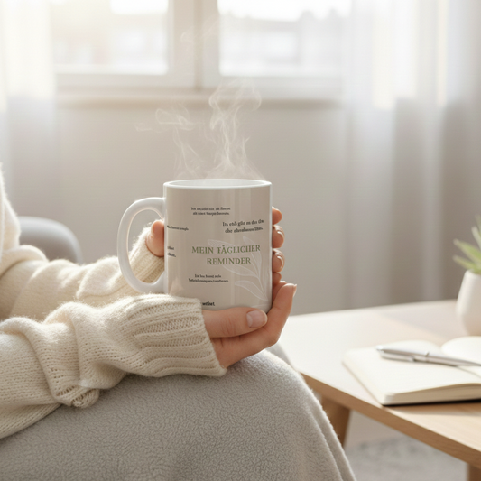 Weiße Keramiktasse mit beige-farbenem Design, Pflanzen-Illustration und deutsche 10 Affirmationen wie ‚Mein täglicher Reminder‘. die von einer sitzenden Frau gehalten wird.