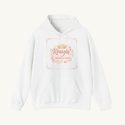 Weißer Damen-Hoodie mit Kapuze und ein Print-Design in Rosé-Gold. Der Text "Königin der Hitzwallungen" unter goldenen Krone, umrahmt von finen Ornamenten und Herzen.