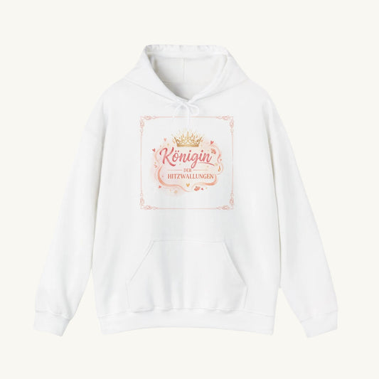 Weißer Damen-Hoodie mit Kapuze und ein Print-Design in Rosé-Gold. Der Text "Königin der Hitzwallungen" unter goldenen Krone, umrahmt von finen Ornamenten und Herzen.
